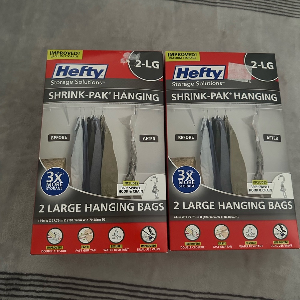 Hefty Shrink-Pak Hanging Bags - 2 boxes of 2 each - brand new